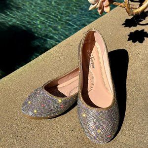 NEW🔥Champagne Round Toe Diamante Rhinestone Crystal Ballet Flat Shoes Ballerina